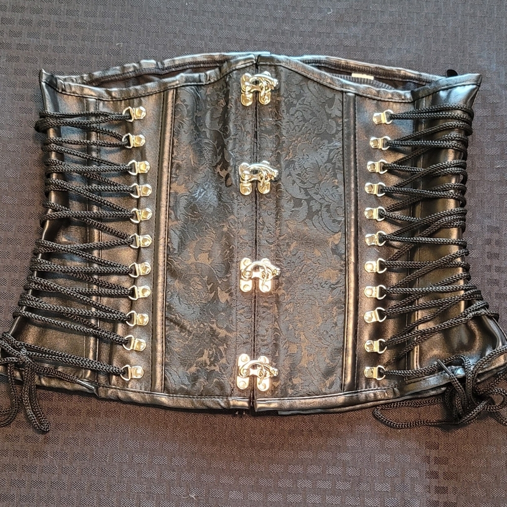 Black Jacquard PU Leather Underbust Corset